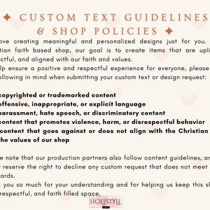 May include: A rectangular informational sign with a cream background and faint pink hearts. The text reads: CUSTOM TEXT GUIDELINES & SHOP POLICIES. It lists five bullet points regarding content restrictions for custom orders and concludes with a note.