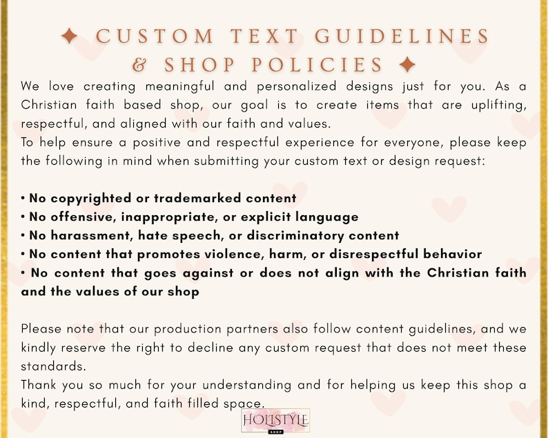 May include: A rectangular informational sign with a cream background and faint pink hearts. The text reads: CUSTOM TEXT GUIDELINES & SHOP POLICIES. It lists five bullet points regarding content restrictions for custom orders and concludes with a note.