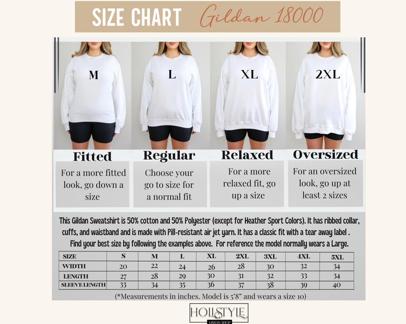 May include: Size chart for Gildan 18000 sweatshirts. The chart shows the fit options: Fitted, Regular, Relaxed, and Oversized. Measurements in inches are provided for sizes S through 5XL, including width, length, and sleeve length. The model is 5'8" and wears a size 10.
