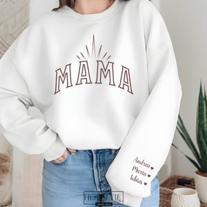 Personalized Mama Sweatshirt with Kid Names on Sleeve Mothers Day Gift Birthday Gift for Mom New Mom Gift Minimalist Cool Mom Sweater