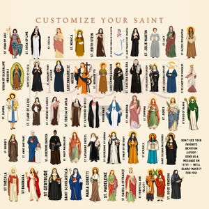 Op de afbeelding: Een print met illustraties van verschillende heiligen, elk afgebeeld in gedetailleerde kleding en met symbolische objecten. De tekst "Customize Your Saint" staat bovenaan. De afbeelding bevat een verscheidenheid aan heiligen, elk met hun naam eronder.