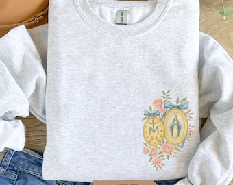 Virgin Mary Sweatshirt: Miraculous Medal, Floral Catholic Crewneck