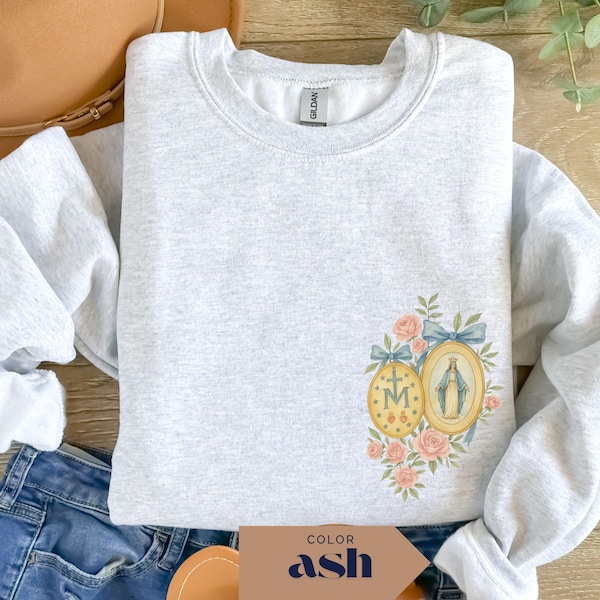 Virgin Mary Sweatshirt: Miraculous Medal, Floral Catholic Crewneck