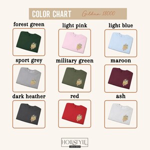 May include: Color chart of Gildan 18000 sweatshirts in various colors, including forest green, light pink, light blue, sport grey, military green, maroon, dark heather, red, and ash. Each sweatshirt has a floral design.