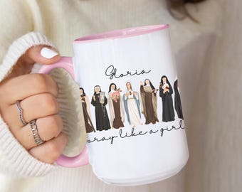 Custom Catholic Pray Like A Girl 15oz Coffee Mug: Personalized Saint Religious Confirmation Gift