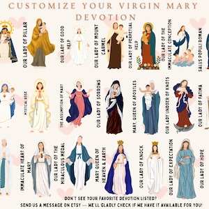Op de afbeelding: Een poster met illustraties van verschillende Maria-devoties, elk met een titel. De kunstwerken bevatten afbeeldingen van Onze Lieve Vrouw van Lourdes, Onze Lieve Vrouw van de Rozenkrans en anderen, met de tekst "Pas je Maria-devotie aan."