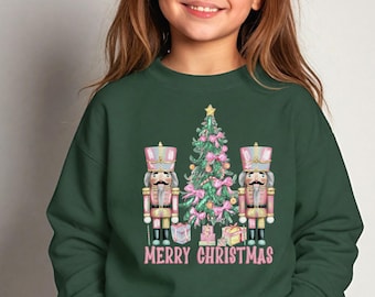Pink Coquette Nutcracker Christmas Youth Sweatshirt: Christmas Tree Holiday Kids Crewneck