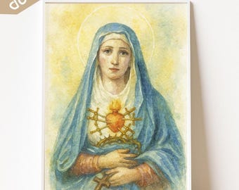 Muttergottes der Schmerzen Aquarell Druck: Katholische Wandkunst (Digitaler Download + Rosenkranz-Anleitung PDF)