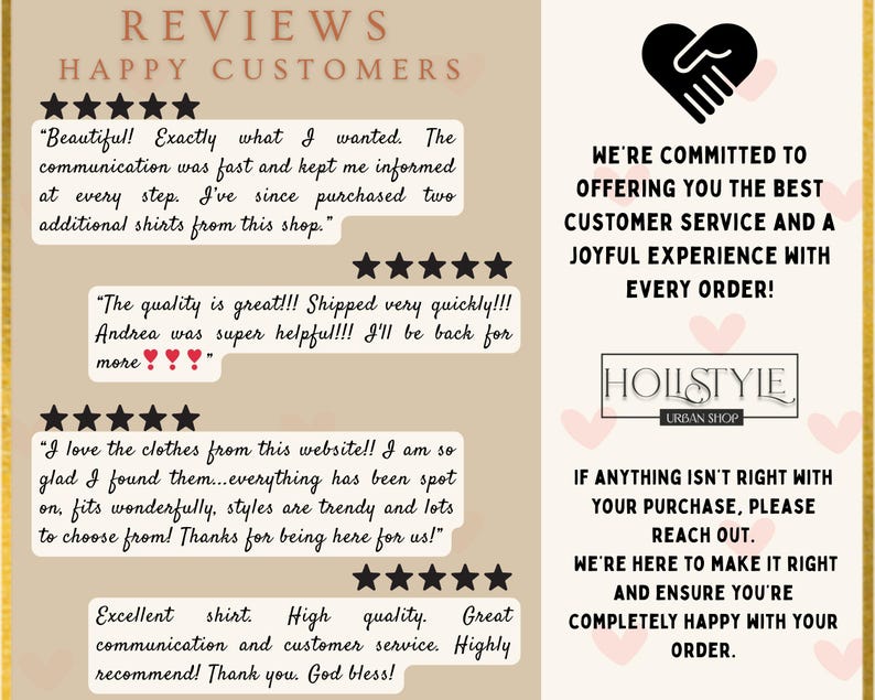 May include: A tan-colored graphic with customer reviews and the text "REVIEWS HAPPY CUSTOMERS." The image includes a logo and the text "WE'RE COMMITTED TO OFFERING YOU THE BEST CUSTOMER SERVICE."