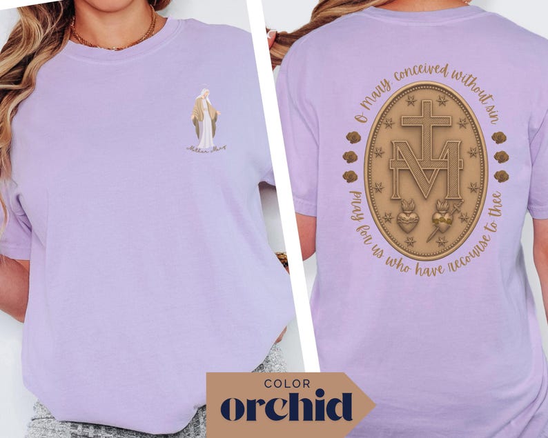 May include: Orchid-colored t-shirt featuring a religious illustration on the front and back. The front displays a figure with text, while the back showcases a detailed emblem with text. The shirt's color is highlighted with the word "ORCHID" at the bottom.