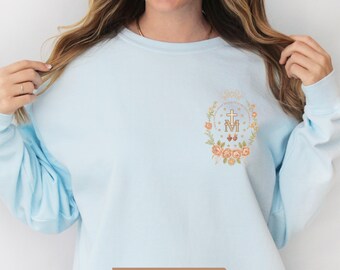 Comfort Colors Marian Catholic Sweatshirt: Virgin Mary Floral Pocket Tee