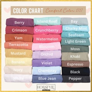 May include: A color chart displays a variety of fabric colors, including Berry, Crimson, and Island Reef. The chart includes the text "COLOR CHART Comfort Color 1717" and the brand name "HOLLSTYLE URBAN SHOP".