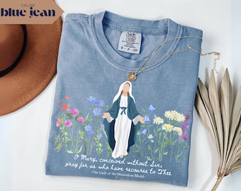Floral Virgin Mary Comfort Colors Shirt, Miraculous Medal Catholic Tee