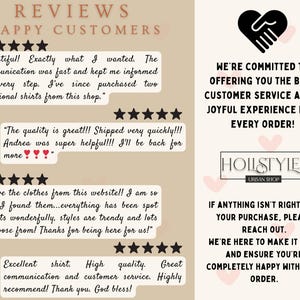 May include: A tan-colored graphic with customer reviews and the text "REVIEWS HAPPY CUSTOMERS." The image includes a black heart with hands, and the text "WE'RE COMMITTED TO OFFERING YOU THE BEST CUSTOMER SERVICE."