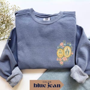 Virgin Mary Comfort Color Sweatshirt: Miraculous Medal, Floral Catholic Crewneck
