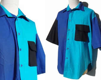 Vintage 80s Shirt Gottex Color Block Blue Turquoise & Black XL