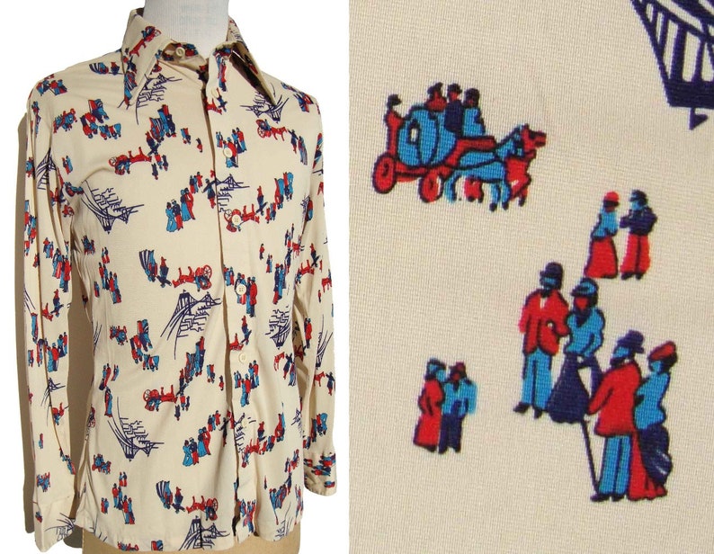 Vintage 70s Disco Shirt Antique People Novelty Print by Career Club \u2013 L