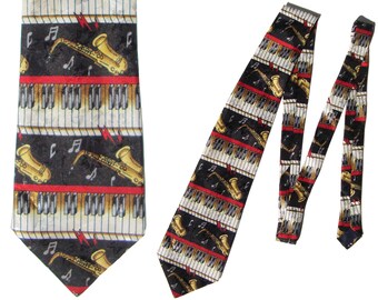 Vintage Jazz Tie Sax & Piano Novelty Print Necktie