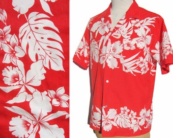 Vintage 80s Hawaiian Shirt Red Aloha Pareo L