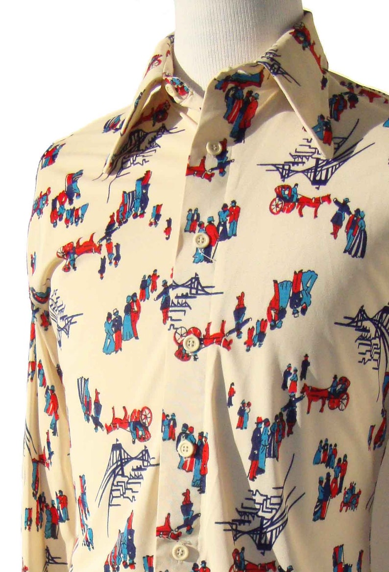 Vintage 70s Disco Shirt Antique People Novelty Print by Career Club \u2013 L