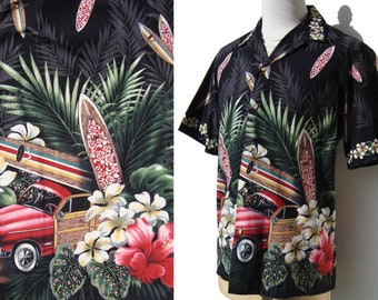 Vintage RJC Aloha Shirt Surfing & Vintage Car Novelty Print L