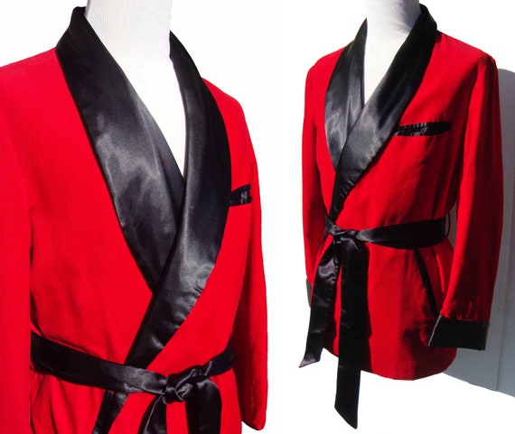 Vintage 50s Smoking Jacket Red Corduroy Satin Roya