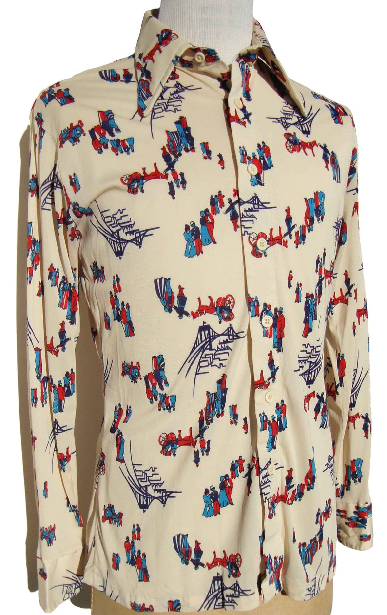 Vintage 70s Disco Shirt Antique People Novelty Print by Career Club \u2013 L
