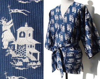 Vintage 70s Ernst Blue Kimono Haori Robe Novelty Print L