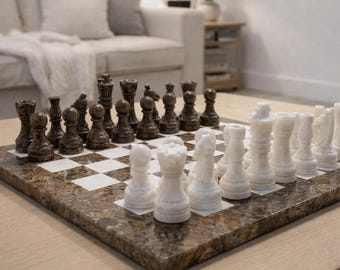 Handmade Marble Chess Set: Oceanic Grey & White Stone Figures