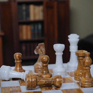 White & Dark Brown Marble Chess Set: Handcrafted Stone Chess Pieces Figures, Elegant Decor