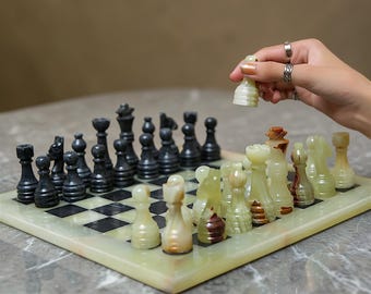Marble Chess Set | Onyx Green & Black Stoneware Pieces | Board Game