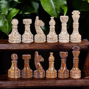 Marble Chess Pieces: Coral & Brown Stone, Handmade Luxury Gift