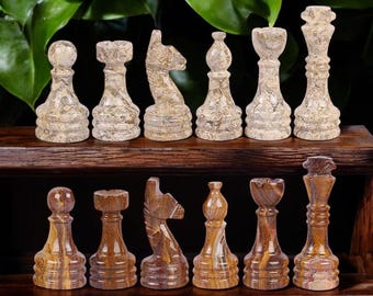 Marble Chess Pieces: Coral & Brown Stone, Handmade Luxury Gift