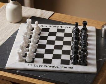 Personalized Engraved Marble Chess Set: White & Black Marble Stone Board, Luxury Game