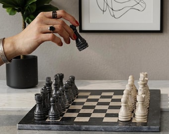 Handmade Marble Chess Set: Black & Verona Stone Pieces, Artistic Home Decor