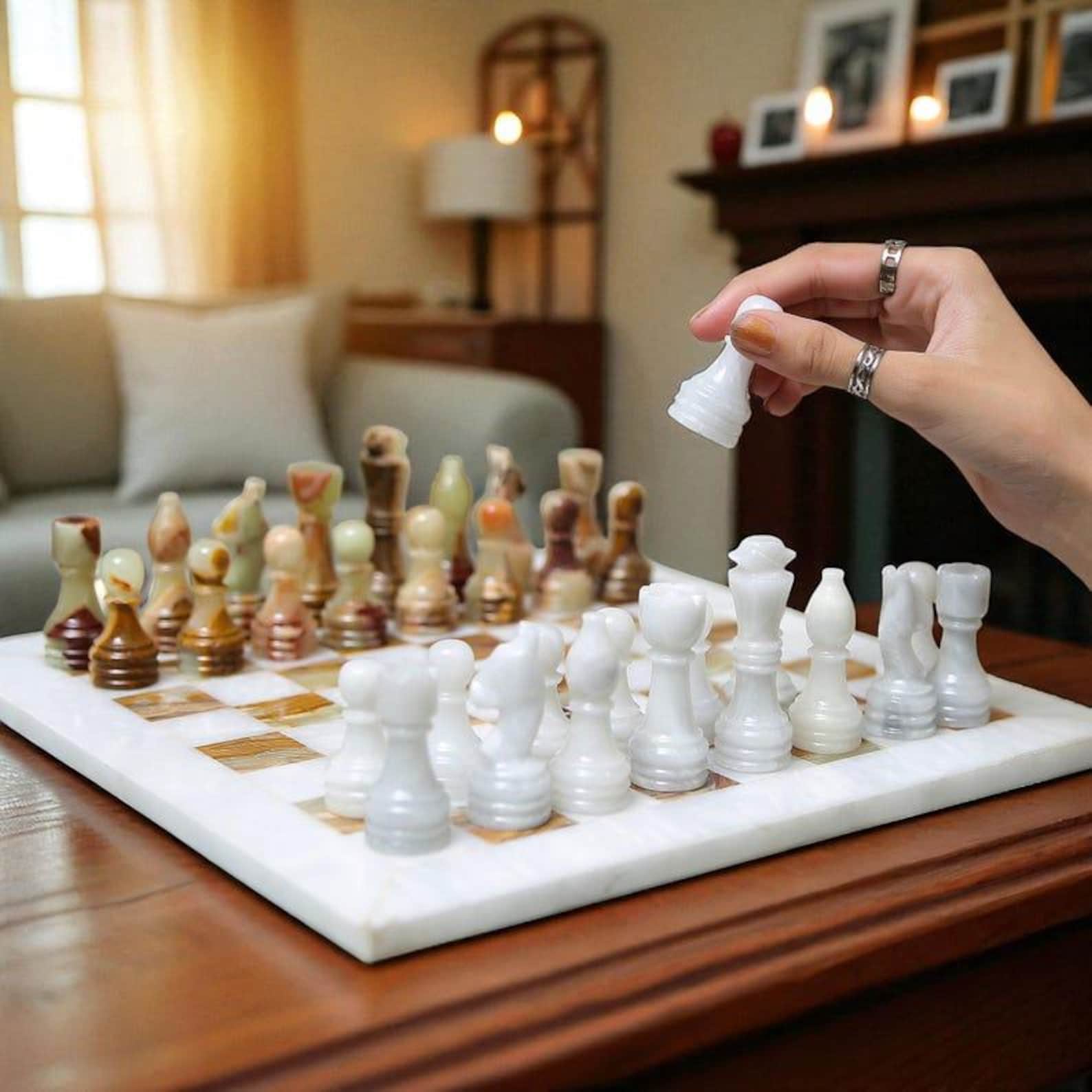 Marble Chess Set with Storage Box | White & Onyx Green Stone Board | Chess Lover Gift