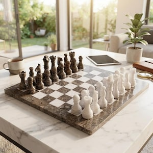 May include: A stone chess set featuring a board with alternating dark brown fossilised stone and white marble squares. The set includes carved dark brown and white stone chess pieces arranged on the board, showcasing detailed craftsmanship.