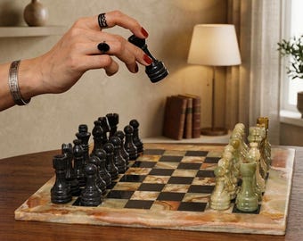Handmade Marble Chess Set Onyx Green & Black Chess Board with Pieces