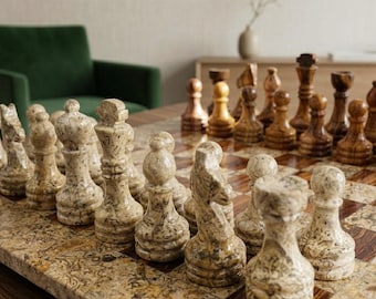 Handmade Marble Chess Set: Modern Luxury Board Game, Coral & Dark Brown