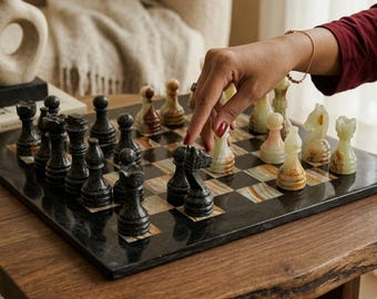Handmade Marble Chess Set: Black & Onyx Stone Board, Modern Decor