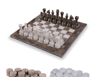 Handmade Marble Chess Set with Checkers: Oceanic Gray and White Stone