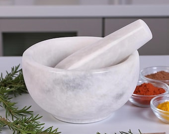 Marble Mortar and Pestle | White Stone Spice Grinder | Kitchen Counter Decor