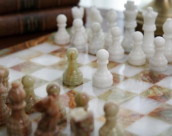 Handmade Marble Chess Set | Custom Stone Chess Board | Luxury Vintage Pieces with Storage Box