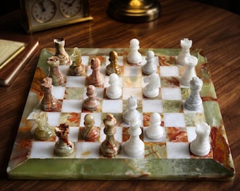 Personalized Marble Chess Set | Onyx Green and White | Engraved Board Game for Chess Lovers