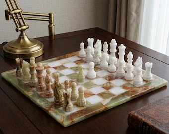 Handmade Marble Chess Set: Onyx Green & White Stone Board, Modern Decor