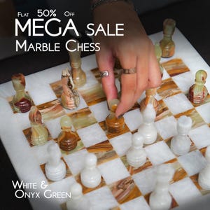 Handcrafted Marble Chess Set: Antique Style, White & Onyx Green, 15&quot; Board