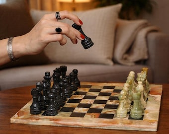 Handmade Marble Chess Set | Onyx Green & Black Board 12” | Stone Game Gift