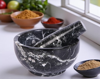 Marble Mortar Pestle Set | Black Stone Herb Grinder | Kitchen Gift for Home Cooks