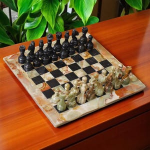 Modern Chess Board Game Decor | Handcrafted Marble Chess Set | 12&quot; and 15&quot; Board | Antique Stone Chess Pieces | Elegant Chess Board