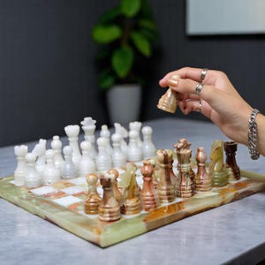 Handmade Marble Chess Set: Onyx Green & White Stone Board, Modern Decor